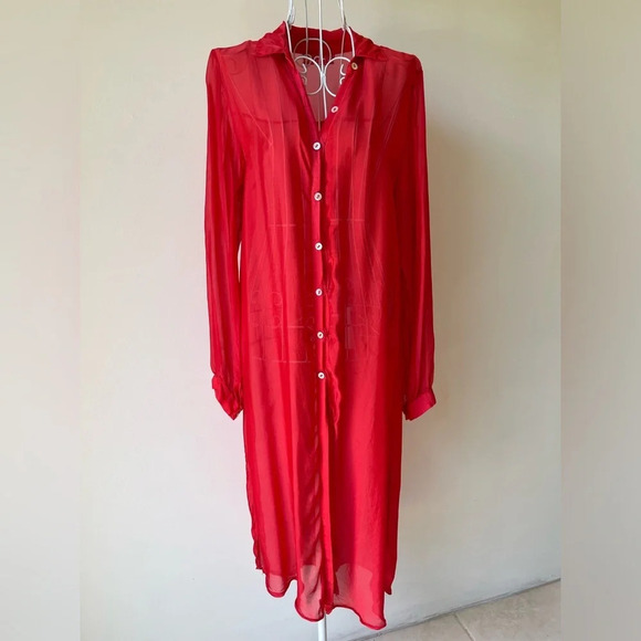 Pure Seta button up long shirt gauzy silk long sleeve slits red size S - Picture 1 of 8